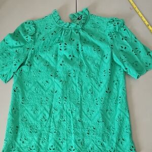 Women's Teal Eyelet Ruffle-Neck Blouse